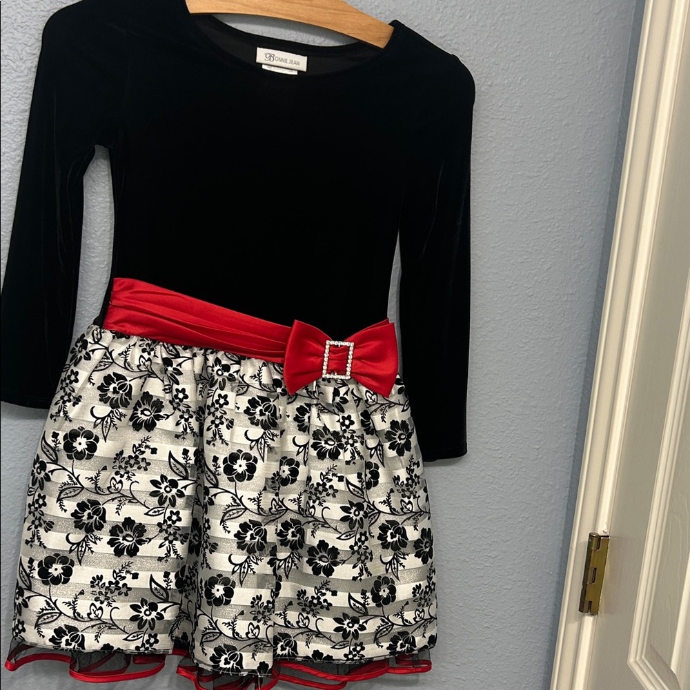 Bonnie Jean Black Velvet and White Floral Dress with Red Bow.